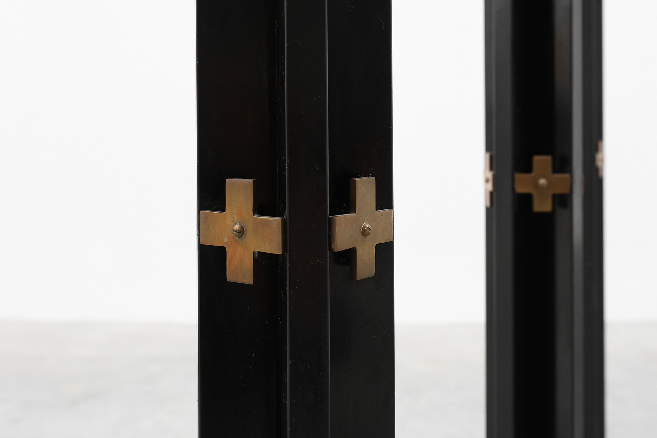 Rare set of 4 very large church candle sticks in black metal and copper, 1960sthumbnail